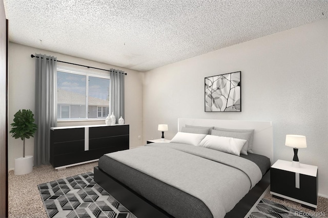 carpeted bedroom featuring a textured ceiling