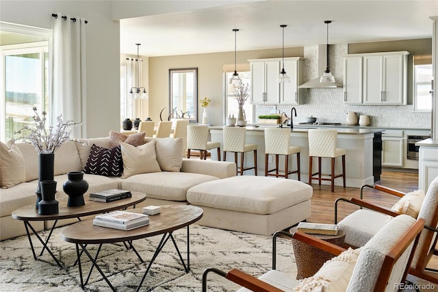 living room with light wood-type flooring and a wealth of natural light