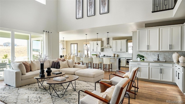 living room featuring light wood-type flooring, a healthy amount of sunlight, and a high ceiling