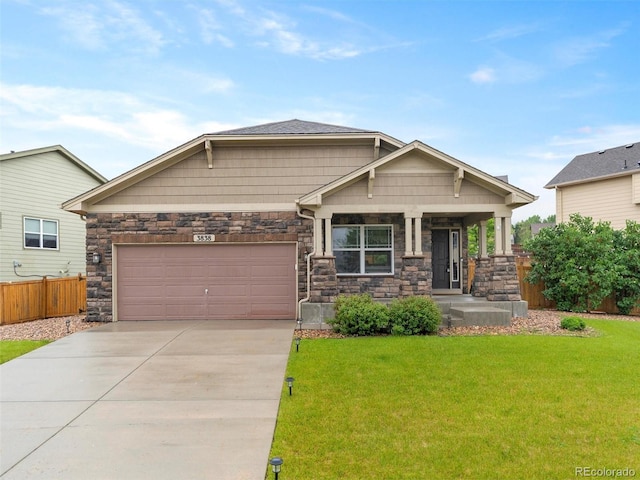 3838 Brush Rd, Castle Rock, CO 80108 - craftsman-style home featuring covered porch, concrete driveway, a garage, and stone siding
