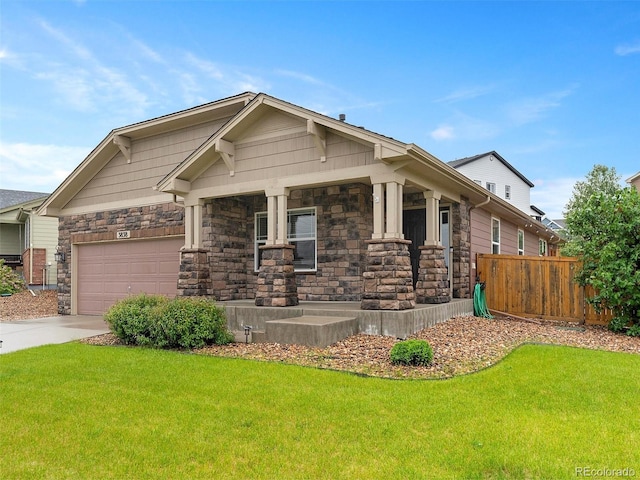 3838 Brush Rd, Castle Rock, CO 80108 - craftsman inspired home featuring stone siding, a garage, concrete driveway, and a porch