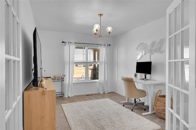 3838 Brush Rd, Castle Rock, CO 80108 - carpeted home office featuring a chandelier and baseboards