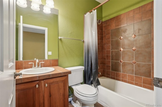 13075 Tamarac St, Thornton, CO 80602 - full bathroom with vanity, toilet, shower / bath combo, and a textured wall