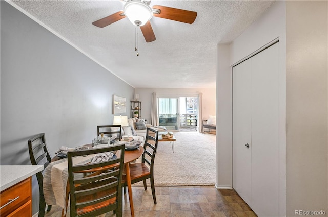 carpeted dining space with ceiling fan, stone finish floor, and a textured ceiling