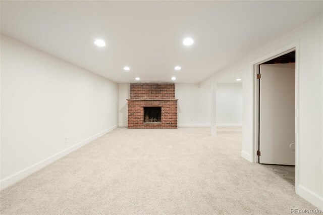 6155 Carr St, Arvada, CO 80004 - unfurnished living room with recessed lighting, light carpet, baseboards, and a fireplace
