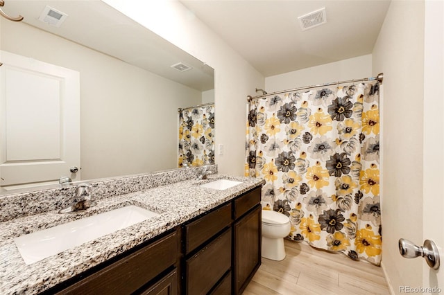 bathroom featuring vanity, toilet, wood-type flooring, and walk in shower