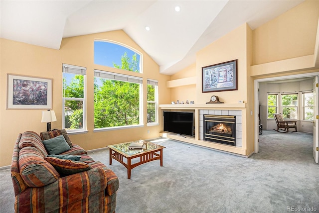 1010 Home Farm Cir, Denver, CO 80234 - carpeted living area with a fireplace and high vaulted ceiling