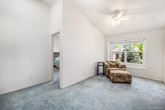 1010 Home Farm Cir, Denver, CO 80234 - living area featuring carpet flooring, ceiling fan, and high vaulted ceiling