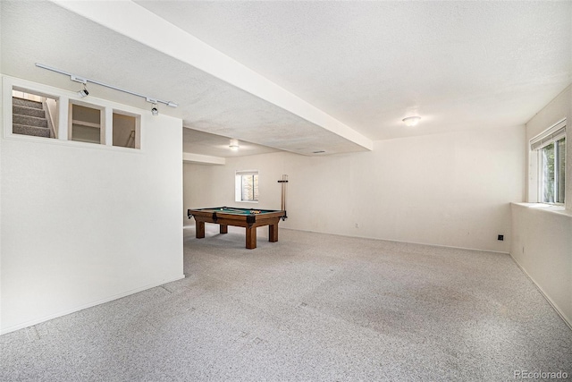 1010 Home Farm Cir, Denver, CO 80234 - rec room with billiards table, carpet flooring, track lighting, and a textured ceiling