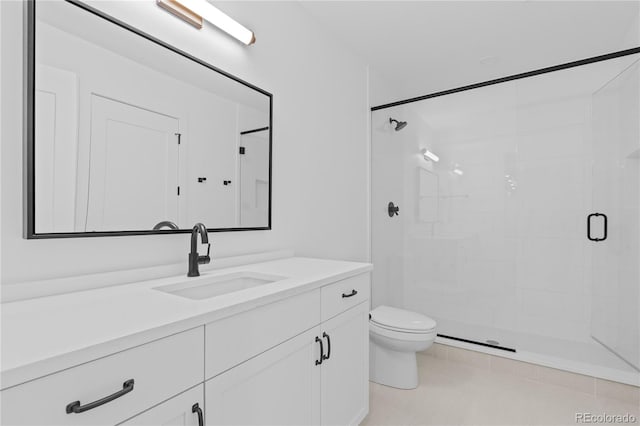 bathroom with walk in shower, vanity, toilet, and tile patterned flooring