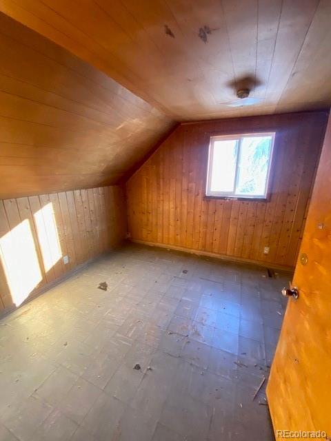 additional living space with wood ceiling, lofted ceiling, and wooden walls