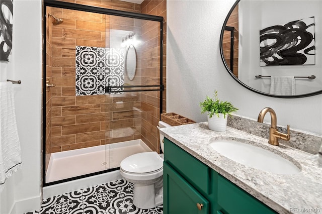 2855 Pawnee Creek Dr, Loveland, CO 80538 - full bath with vanity, a shower stall, tile patterned floors, and a textured wall