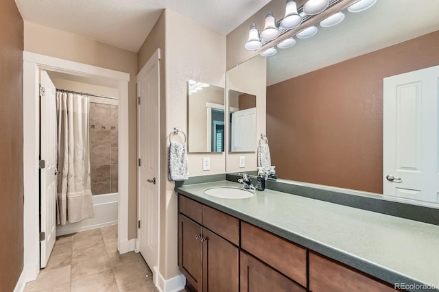 14179 Madison St, Thornton, CO 80602 - bathroom with vanity, tile patterned floors, and shower / bath combination with curtain