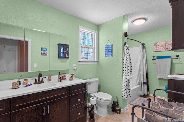 48 Elm St, Arriba, CO 80804 - full bathroom featuring vanity, shower / tub combo with curtain, tile patterned floors, and toilet