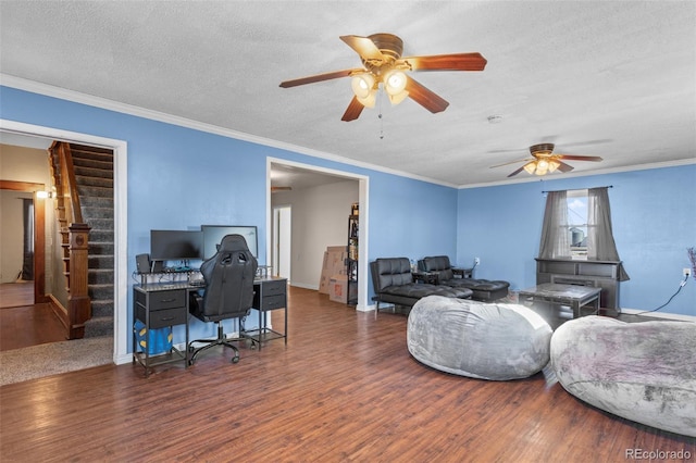 48 Elm St, Arriba, CO 80804 - living room featuring ceiling fan, crown molding, dark hardwood / wood-style floors, and a textured ceiling