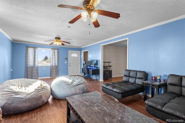 48 Elm St, Arriba, CO 80804 - living room with wood-type flooring, ornamental molding, and a textured ceiling