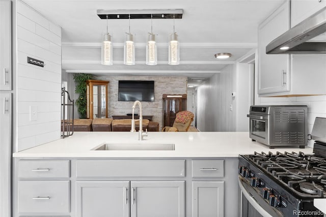 177 Gray St, Bailey, CO 80421 - kitchen featuring stainless steel gas range, exhaust hood, open floor plan, and light countertops