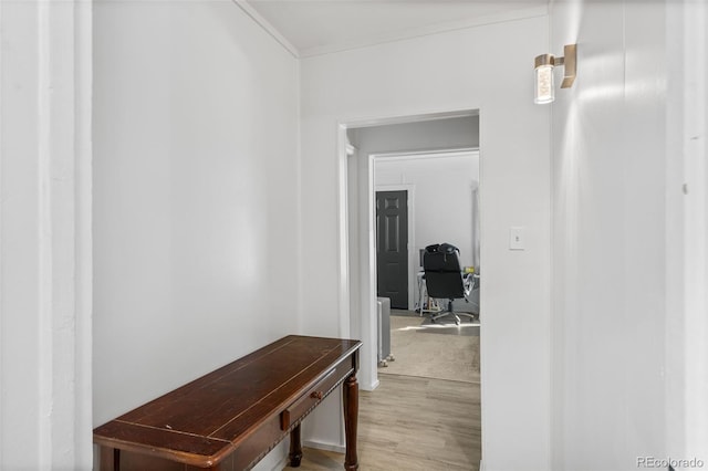 177 Gray St, Bailey, CO 80421 - hall featuring an office area, wood finished floors, and ornamental molding