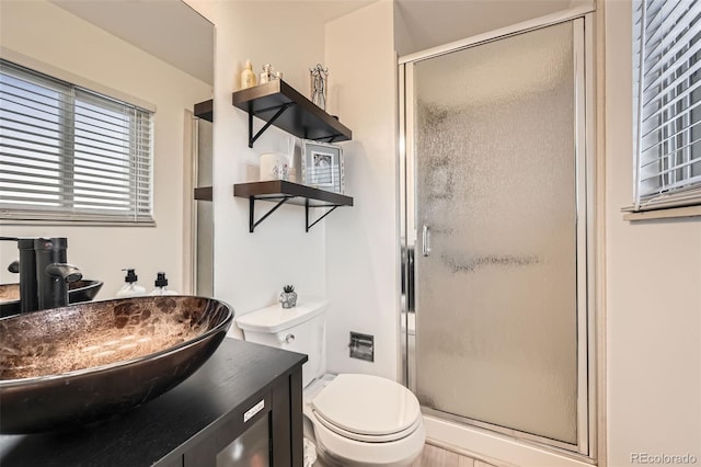 full bathroom with toilet, a shower stall, and vanity