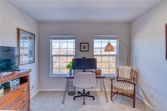 office area featuring a textured wall, baseboards, and light colored carpet