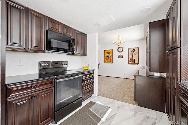 kitchen with light carpet, stainless steel electric range, and a notable chandelier