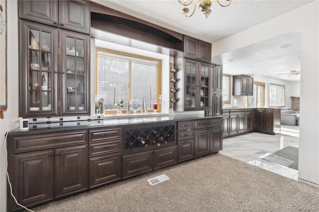 bar featuring a textured ceiling, a healthy amount of sunlight, dark brown cabinetry, and ceiling fan