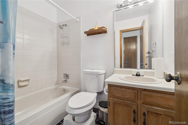 full bathroom with vanity, toilet, and shower / tub combo with curtain