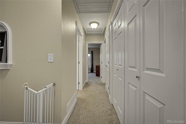 12028 W Aqueduct Dr, Littleton, CO 80127 - hall with baseboards, attic access, and light carpet