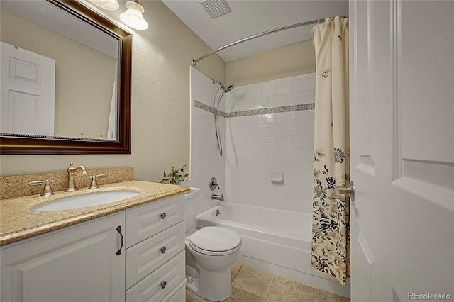 12028 W Aqueduct Dr, Littleton, CO 80127 - full bathroom with shower / bath combination with curtain, vanity, tile patterned flooring, visible vents, and toilet
