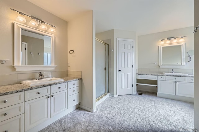 518 Zircon Way, Superior, CO 80027 - bathroom with a stall shower, two vanities, and carpet