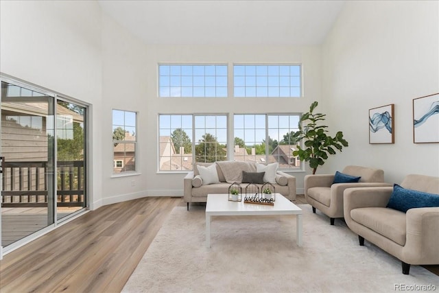 3413 W 114th Cir Unit B, Westminster, CO 80031 - living room with a towering ceiling, wood finished floors, and plenty of natural light