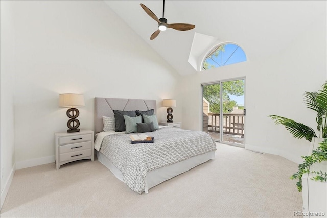 3413 W 114th Cir Unit B, Westminster, CO 80031 - bedroom featuring high vaulted ceiling, access to exterior, light carpet, and ceiling fan