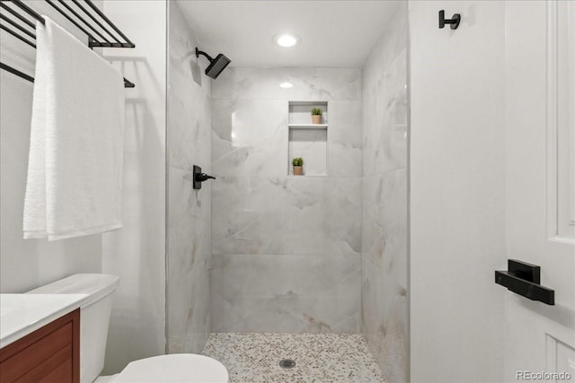3413 W 114th Cir Unit B, Westminster, CO 80031 - bathroom with a marble finish shower, vanity, and recessed lighting