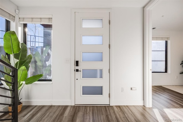 foyer with baseboards, wood finished floors, and a healthy amount of sunlight