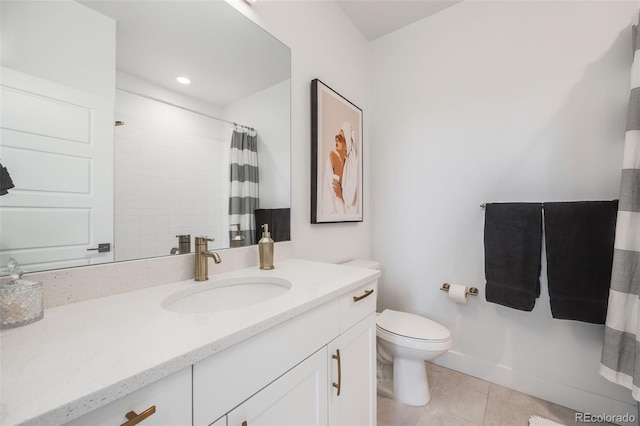 full bath with toilet, a shower with curtain, tile patterned flooring, and vanity