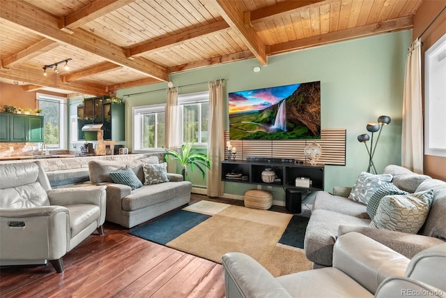 6619 Apache Pl, Larkspur, CO 80118 - living area with wooden ceiling with exposed beams, hardwood / wood-style floors, and a baseboard radiator