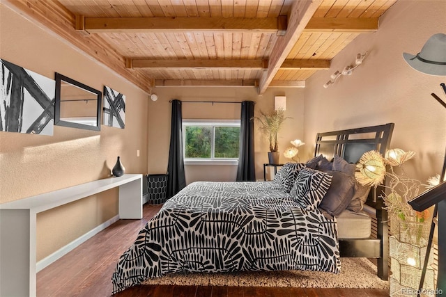 6619 Apache Pl, Larkspur, CO 80118 - bedroom featuring wooden ceiling with exposed beams, wood finished floors, and baseboards