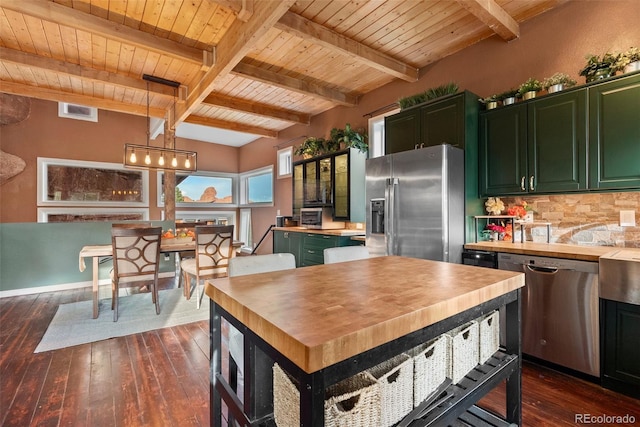 6619 Apache Pl, Larkspur, CO 80118 - kitchen featuring green cabinets, appliances with stainless steel finishes, wooden ceiling with exposed beams, butcher block counters, and dark wood-type flooring