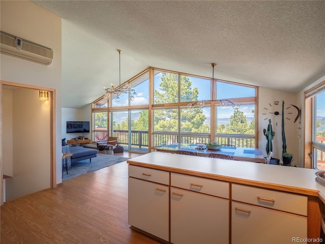 30455 Mountainside Dr, Buena Vista, CO 81211 - kitchen with a wall mounted AC, light countertops, a textured ceiling, wood finished floors, and high vaulted ceiling