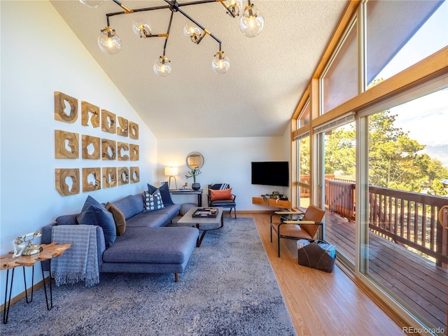 30455 Mountainside Dr, Buena Vista, CO 81211 - living area with vaulted ceiling, wood finished floors, a textured ceiling, baseboards, and a chandelier