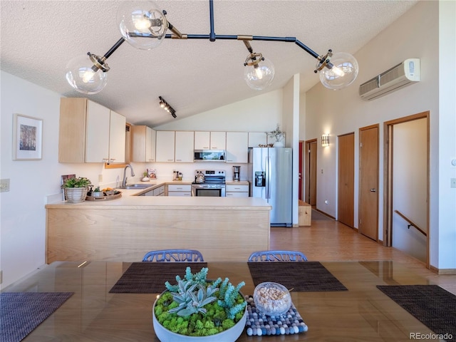 30455 Mountainside Dr, Buena Vista, CO 81211 - kitchen featuring appliances with stainless steel finishes, a wall mounted AC, a textured ceiling, a sink, and vaulted ceiling
