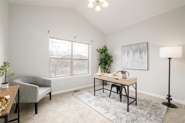 carpeted office space with a notable chandelier and vaulted ceiling