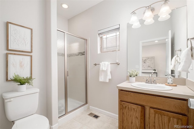 bathroom with tile patterned floors, vanity, toilet, and walk in shower