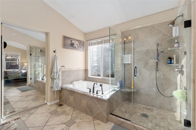 bathroom with tile patterned flooring, lofted ceiling, and independent shower and bath