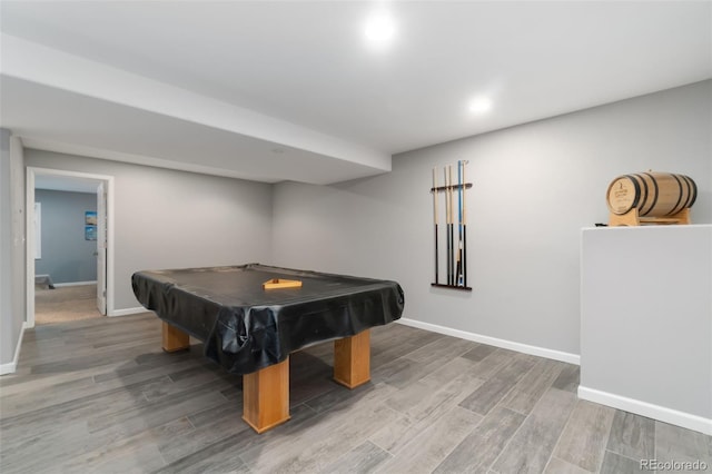 recreation room with wood-type flooring and billiards