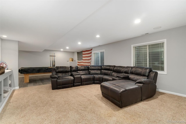 living room with light carpet and billiards