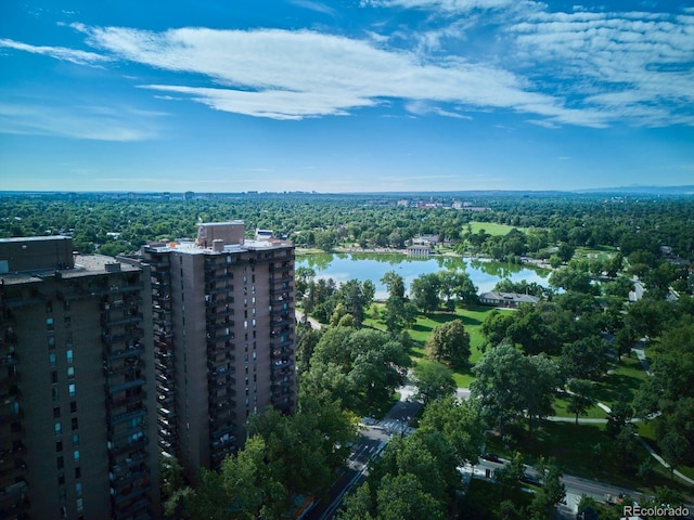 drone / aerial view with a water view