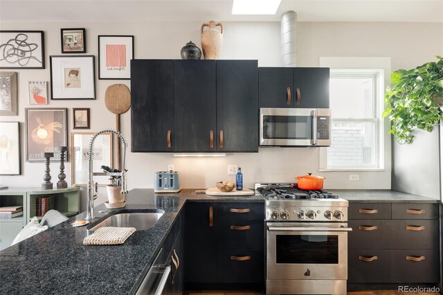 kitchen with stainless steel appliances, a skylight, dark stone countertops, and sink