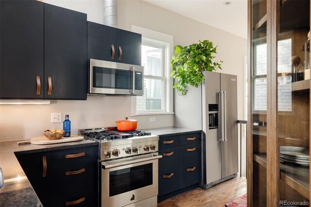 kitchen with light wood-type flooring and high quality appliances