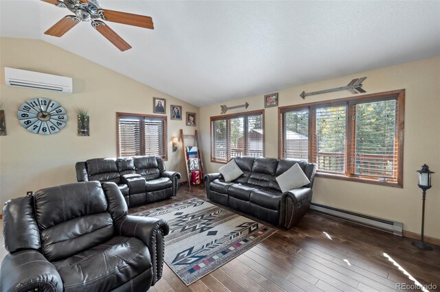 living room with ceiling fan, a wall mounted AC, baseboard heating, dark hardwood / wood-style floors, and vaulted ceiling